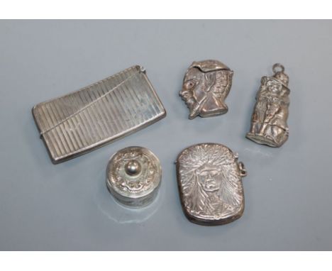 A silver card case and mixed modern novelty sterling vestas.