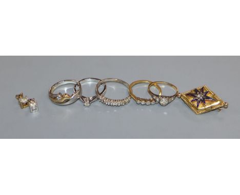 Three 18ct gold and diamond rings, a 9ct gold ring, a platinum, yellow metal and diamond ring, two pendants &amp; a Victorian