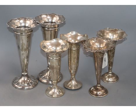 Three assorted pairs of early 20th century silver posy vases, including Mappin &amp; Webb and Elkington &amp; Co, tallest 21.