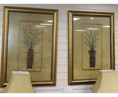A pair of large coloured prints, blossom sprigs in vases, 88 x 58cm