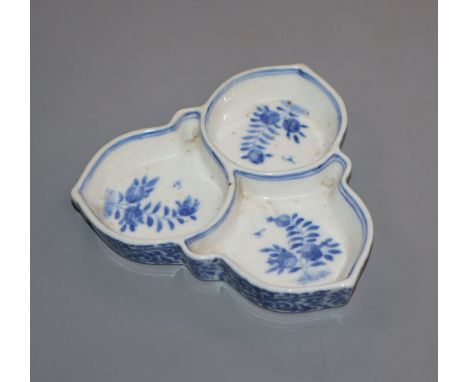 A Chinese blue and white three section dish or ink palette, late 19th century Provenance - The owner and her family lived in 