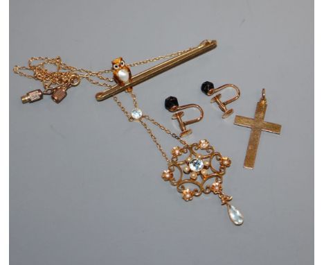 A yellow metal, aquamarine and pearl openwork pendant on fine chain and three other items, a 15ct gold, pearl and enamel 'owl