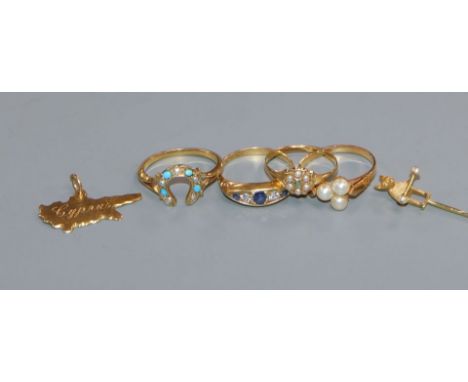 An 18ct gold, sapphire and diamond ring, a pearl ring, a turquoise and pearl gold 'horseshoe' ring and three other items, an 