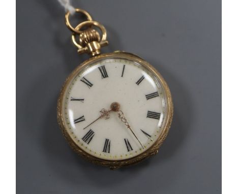 A lady's 14k yellow metal and enamel fob watch, with Roman dial.