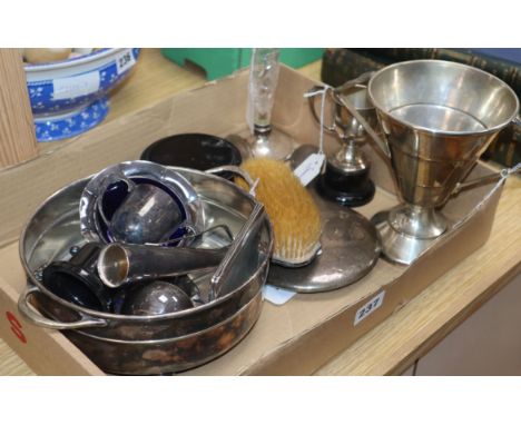 A silver-mounted mirror, a brush, a silver-mounted specimen vase, a glove stretcher and sundry plated items