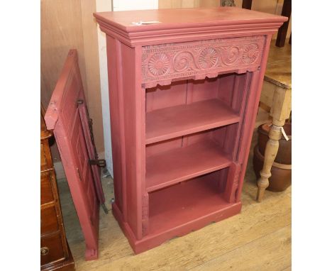 A red painted three shelf bookcase and a wall mounted two door panel (2) cabinet W.68cm