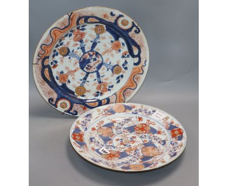 Two Chinese Imari chargers, Kangxi period, one restored