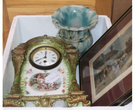 A pottery painted timepiece, a vase and two prints