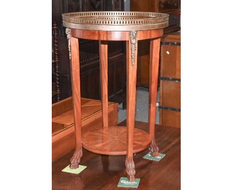 A Reproduction French Inlaid Lamp Table, with brass galleried circular top on four tapering sqaure section supports joined by