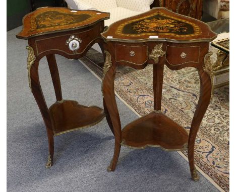 A Pair of Reproduction Gilt Metal Mounted Louis XV Style Inlaid and Painted Kingwood and Walnut Heart Shaped Lamp Tables, dec