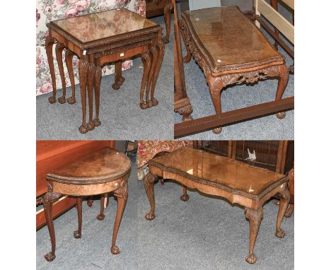 A Burr Walnut and Crossbanded Rectangular Coffee Table, with carved cabriole legs and ball and claw supports, 90cm by 45cm by