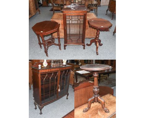 A Mahogany Display Cabinet, 123cm by 34cm by 136cm; together with a smaller display cabinet and three tripod tables (5)