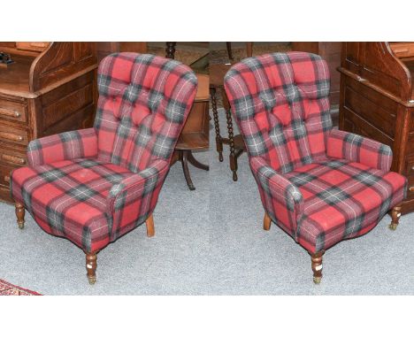 A Pair of Modern Button Tartan Upholstered Armchairs 