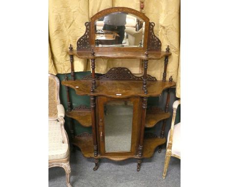 A Victorian Inlaid Burr Walnut Whatnot Cabinet, the upper tier with arched mirror over a second tier above a mirrored covered