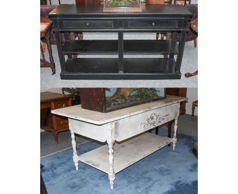 A French Painted Country Table, with shelf stretcher, 176cm by 80cm by 81cm; together with a modern black lacquered console t