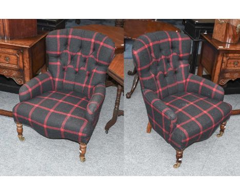 A Pair of Modern Button Black and Red Check Upholstered Armchairs 