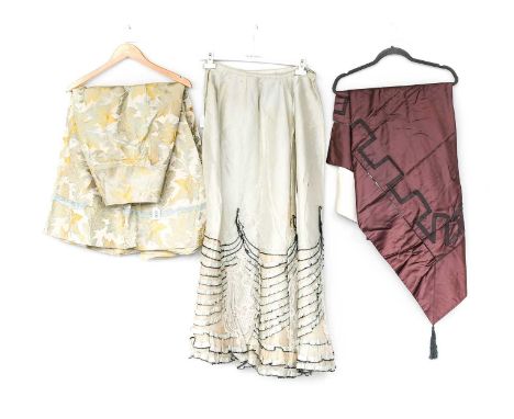 19th Century Cream Silk Brocade Skirt woven with pale blue and yellow silks in floral designs, remains of blue silk hem, side