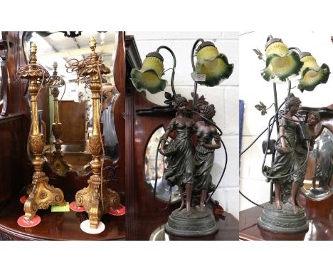 A Pair of Modern Giltwood Alter Candlestick Lamps and A Pair of Modern Spelter Figural Lamps (4)In overall good condition, fi
