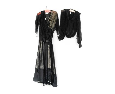 Edwardian Black Silk Chiffon and Lace Dress comprising sheer elbow length sleeves with beaded ball trims, lace underdress and