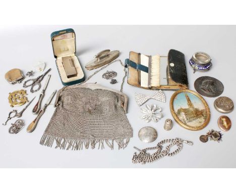 Assorted Silver and Collectable Items, comprising a mesh purse stamped Alpacca, silver mounted brush and comb set in a green 