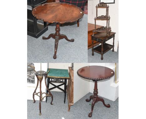 A Reproduction Mahogany Tilt Top Tripod Table, the large pie crust top with birdcage action on acanthus leaf carved legs and 