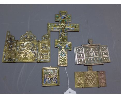 A Russian bronze enamelled crucifix H.20cm together with four others. (5)