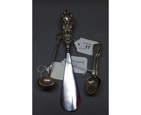 An A & J Zimmerman silver handled ladle, hallmarked Birmingham, 1937/8 together with a pair of George Jackson & David Fullert