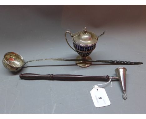 A silver candle snuffer, hallmarked Birmingham 1994, together with a white metal ladle ( probably silver) and a silver condim
