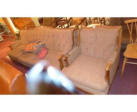 A French walnut three seater sofa upholstered button back, L:215cm