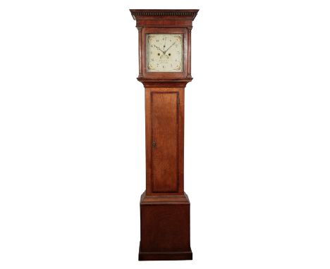 AN OAK CASED LONGCASE CLOCK BY STEPHENSON OF DORCHESTER with painted and signed square enamel dial with calendar aperture, ei
