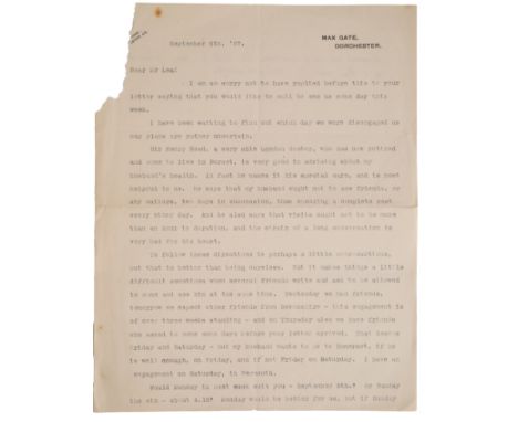 A SIGNED LETTER FROM FLORENCE HARDY, Written to Mr Lea, in which she complains about her husband's debilitative heart conditi