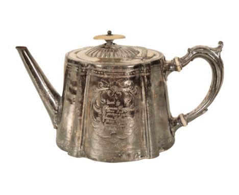 THOMAS HARDY INTEREST: A SILVER PLATED TEAPOT with ivory fittings, inscribed "Used by Thomas Hardy at Max Gate 20 years, and 