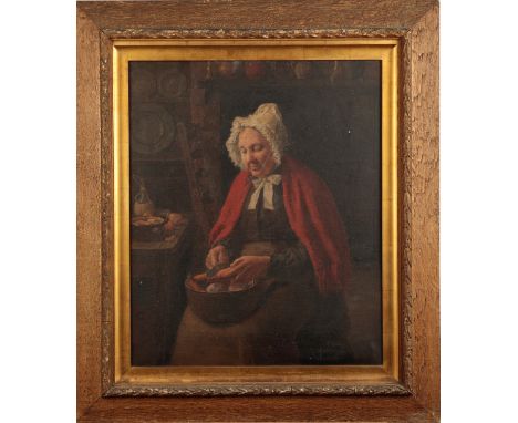 WILLIAM BUSK (1861-1942) A woman peeling vegetables in an interior signed and named on the back of the frame, inscribed on th