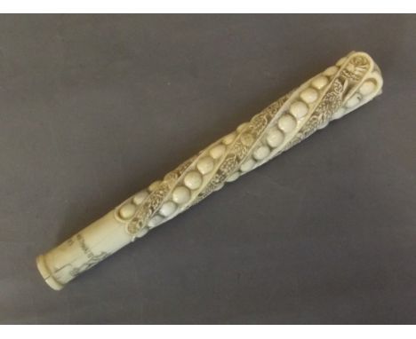 A military carved bone walking stick handle, inscribed 'Lord William Warthwaite 1845 & Royal Coat of Arms', 9½'' long