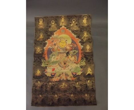 A Chinese scroll printed with Buddha, kylin and a goddess, 35'' x 23''