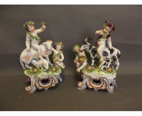 A pair of Continental figures of Putti playing with sheep and goats, on well coloured and scrolled feet, marked, 9½'' high (A