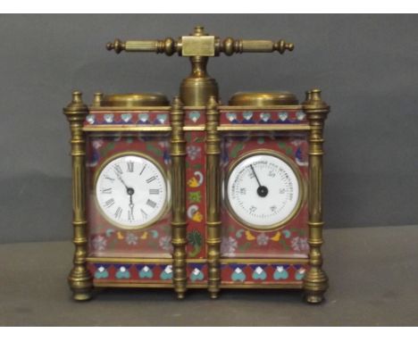 A cloisonne double carriage clock with a time piece and thermometer, 5'' x 5¼''