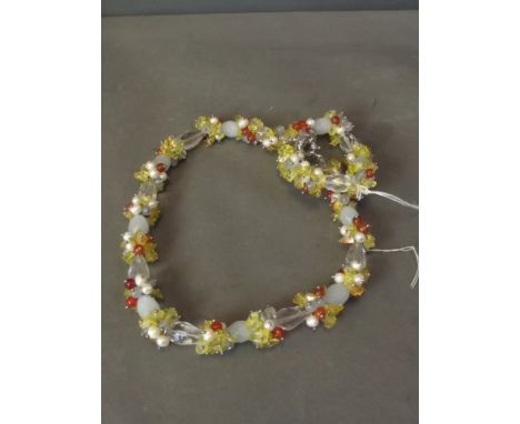 A crystal glass, stone and pearl necklace with matching bracelet