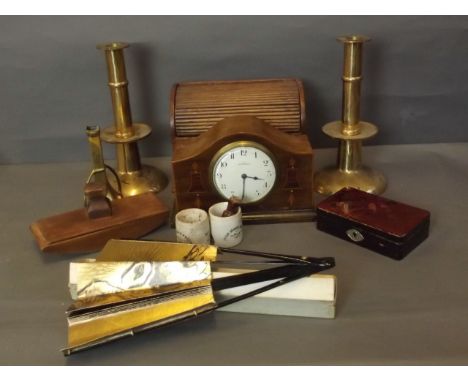 A pair of brass candlesticks, two pottery paste pots, a wooden letter box and blotter, Jays mantle clock, lacquer box, and a 