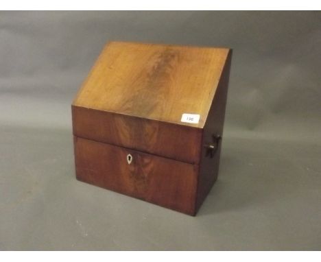 A C19th Continental figured mahogany knife box with brass handles, Mother of Pearl escutcheon and fitted interior, 14'' x 8''