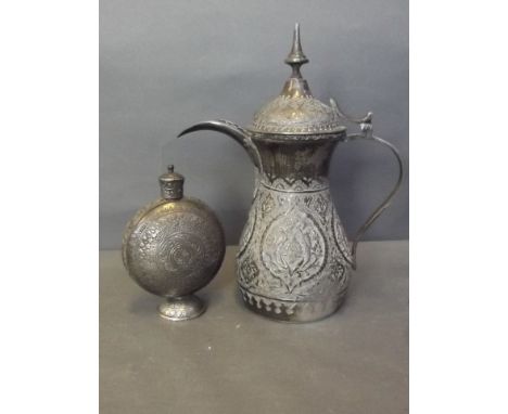 A Middle Eastern silver lidded ewer with fine chased decoration of birds and flowers, marked, 537g, and a small unmarked low 