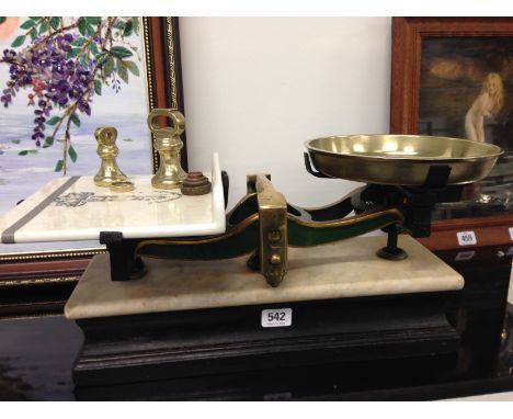 A set of late 19th century butcher's scales with brass pan and china plate by Parnall & Son, Bristol and Swansea on original 