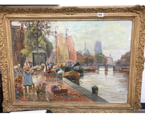 R. Hornemann: Gilt framed oil on canvas; Dutch Canal Scene with flower sellers.