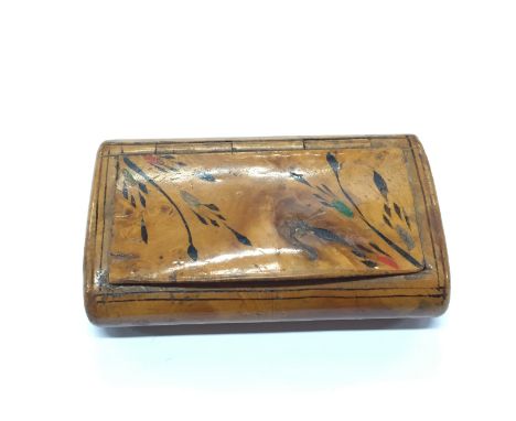 A 19th century burr wood snuff box with painted lid decorated with stems.