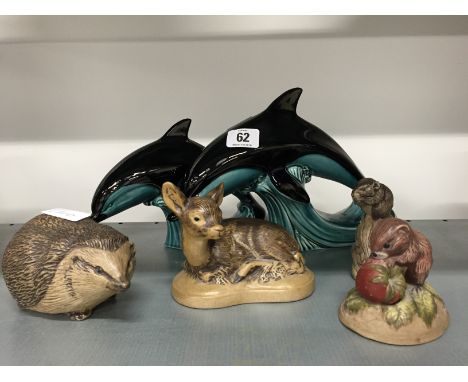 Four various Poole Pottery Barbara Linley Adams stoneware animals including a painted mouse and strawberry together with two 