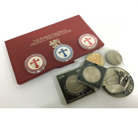 A Robert The Bruce silver medallion First Day Cover together with various coins and medals.