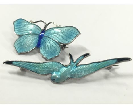 A small blue enamel and silver butterfly brooch by John Atkins & Son together with a Charles Horner silver and enamel Bluebir