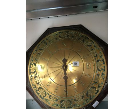 A brass compass dial on oak mount.