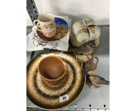 Three Poole Pottery Barbara Linley Adams stoneware bird ornaments (examine) together with two Poole Contrast items and other 