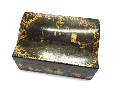 A 19th century painted lacquer desk top two compartment stationery box, the lid decorated with a moonlit Continental scene wi